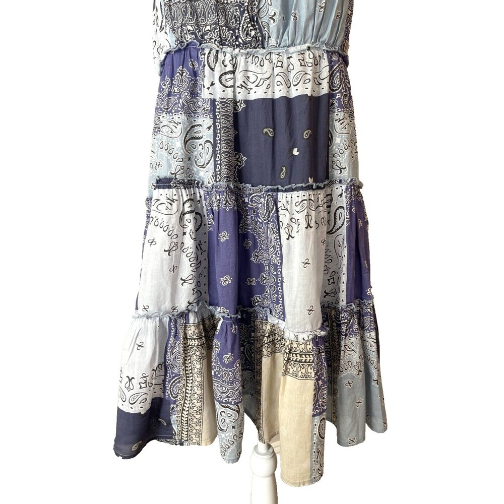 Lucky Brand Babydoll Tiered Dress Sz L Boho Festival Y2K Blue Patchwork Cotton - Picture 5 of 16